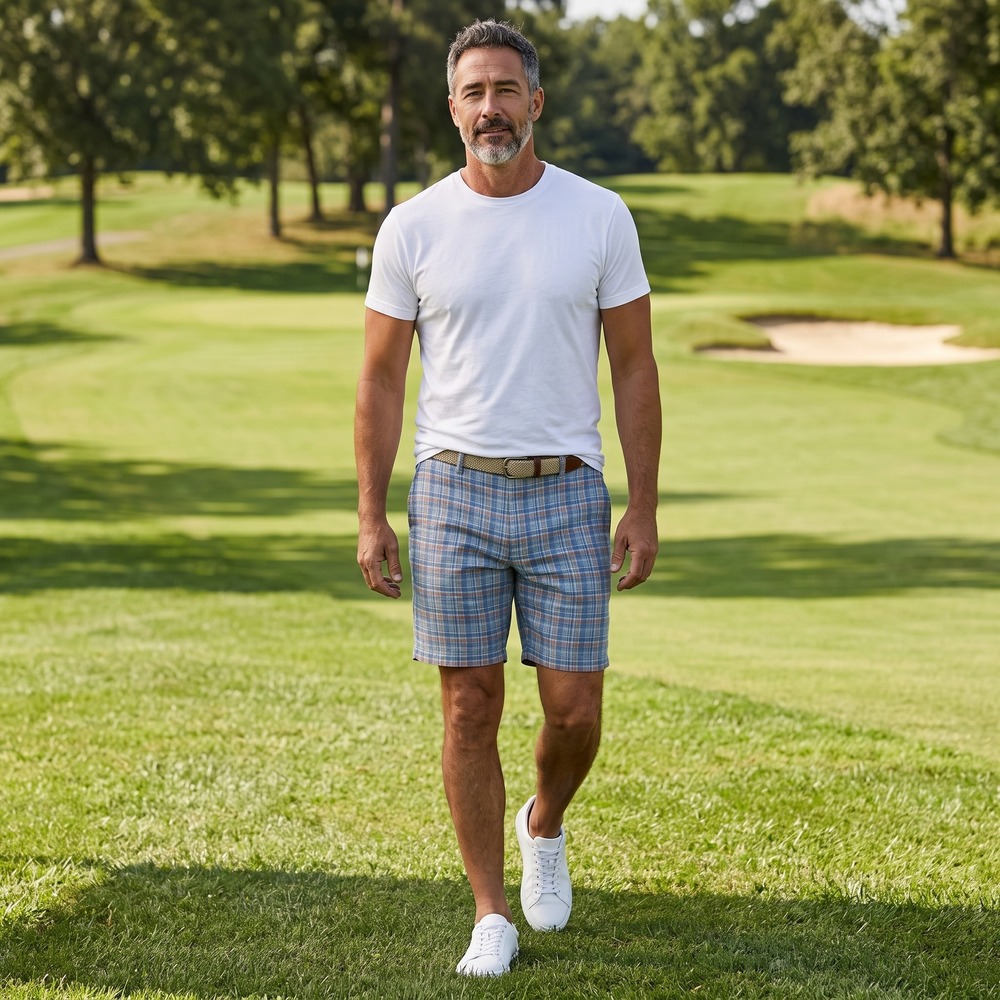 Peter Millar Plaid 100 % Linen Shorts Mens Size 36 Blue Orange Casual Golf